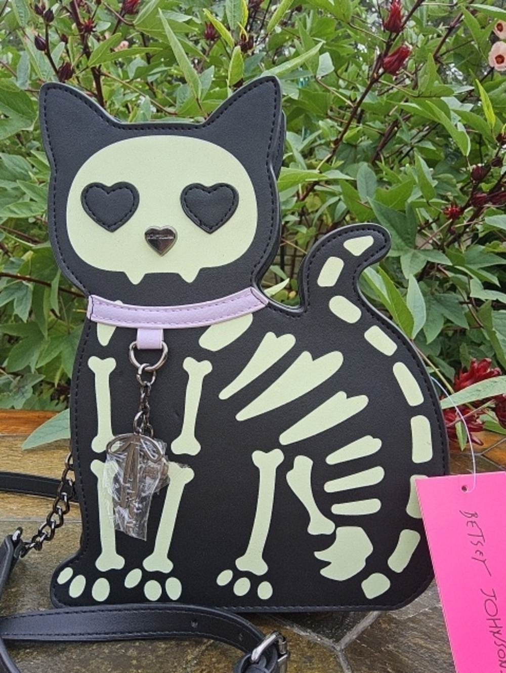 Betsey Johnson GLOW IN DARK Black Cat Skeleton Crossbody with Pink Collar
